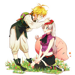  1boy animal asymmetrical_clothes bad_id bad_pixiv_id blonde_hair blue_eyes blush boots bow bowtie couple earrings eating elizabeth_liones female flower green_eyes guttary hair_flower hair_ornament hair_over_one_eye hawk_(nanatsu_no_taizai) head_wreath jewelry long_hair meliodas midriff nanatsu_no_taizai navel open_mouth pig putting_on_headwear ribbon shirt short_hair simple_background sitting skirt smile straight sword weapon white_background white_hair 