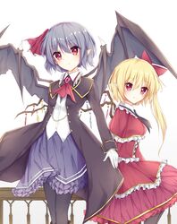  2girls alternate_costume alternate_headwear ascot banister bat_wings black_ascot black_pantyhose blouse blush bow brooch coat collared_dress commentary crystal dress fang_out flandre_scarlet formal frilled_dress frilled_skirt frills gloves grey_hair highres jewelry long_coat long_sleeves looking_at_viewer meuneyu multiple_girls no_headwear oerba_yun_fang open_clothes open_coat pantyhose pointy_ears purple_skirt red_ascot red_bow red_dress red_eyes red_ribbon remilia_scarlet ribbon shirt short_hair siblings side_ponytail sisters sitting skirt sleeve_cuffs smile touhou white_background white_gloves white_shirt wings 