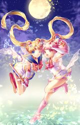  2girls back_bow bishoujo_senshi_sailor_moon bishoujo_senshi_sailor_moon_supers blonde_hair blue_eyes blue_sailor_collar boots bow brooch bug butterfly chibi_usa choker cloud commentary_request cone_hair_bun crescent crescent_earrings crisis_moon_compact crystal_carillon earrings floating full_body full_moon gloves hair_bun hair_ornament heart heart_brooch heart_choker highres holding holding_hands holding_wand interlocked_fingers jewelry kaleidomoon_scope knee_boots long_hair magical_girl momoshiki_tsubaki moon mother_and_daughter multicolored_clothes multicolored_skirt multiple_girls one_eye_closed open_mouth pink_eyes pink_footwear pink_hair pink_sailor_collar pleated_skirt red_bow ripples sailor_chibi_moon sailor_collar sailor_moon sailor_senshi sailor_senshi_uniform skirt smile standing standing_on_liquid super_sailor_chibi_moon super_sailor_moon tiara tsukino_usagi twintails very_long_hair wand water white_gloves yellow_choker 