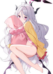  :/ ahoge bare_legs barefoot black_horns blue_archive blush cardigan cardigan_on_shoulders closed_mouth commentary_request demon_girl demon_horns demon_wings feet female foot_out_of_frame grey_hair hair_between_eyes halo highres hina_(blue_archive) hina_(pajamas)_(blue_archive) horns hugging_object long_hair long_sleeves looking_at_viewer low_wings lying multiple_horns no_pants official_alternate_costume on_side open_cardigan open_clothes pajamas panties pillow pillow_hug pink_pajamas polka_dot polka_dot_pajamas purple_eyes simple_background solo toes underwear very_long_hair white_background white_panties wings yellow_cardigan yon_(letter) 