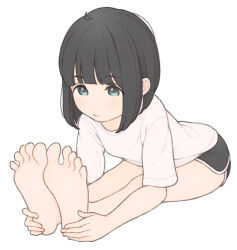  1ssakawaguchi absurdres barefoot black_eyes black_hair black_shorts blush bob_cut closed_mouth dolphin_shorts female highres ichika_(1ssakawaguchi) looking_down original shirt short_hair short_sleeves shorts sitting stretching toes white_shirt 