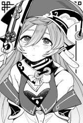  antlers bare_shoulders breasts cleavage closed_mouth detached_sleeves female genshin_impact greyscale hair_between_eyes hat highres horns long_hair looking_up monochrome simple_background small_breasts solo sweat tassel upper_body very_long_hair yanfei_(genshin_impact) yugami_gooshu 