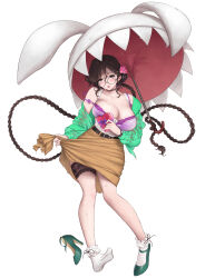  57lc absurdres belt blush box braid breasts brown_dust_2 brown_eyes brown_hair brown_skirt cleavage clothes_pull female flower full_body green_footwear green_jacket hair_flower hair_ornament heart-shaped_box high_heels highres holding holding_box holding_umbrella jacket large_breasts long_hair looking_at_viewer purple_shirt round_eyewear shirt shoes simple_background single_shoe skirt skirt_pull socks solo stiletto_heels strap_slip thigh_strap twing_glutti umbrella very_long_hair wet wet_clothes wet_hair wet_jacket white_background white_socks 