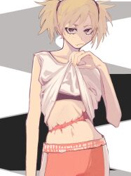  bleach blonde_hair bra brown_eyes ch9191 clothes_lift collarbone female freckles highres lifting_own_clothes looking_at_viewer navel oerba_yun_fang sarugaki_hiyori scar scar_on_stomach shirt short_sleeves solo stomach t-shirt twintails underwear white_shirt 