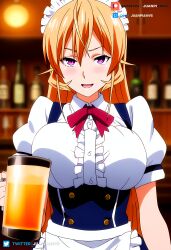  ai_generated bar blonde_hair drink juanpi_amvs lazo long_hair looking_at_viewer maid maid_outfit maid_uniform nakiri_erina patreon patreon_username purple_eyes shokugeki_no_souma smile tavern watermark 