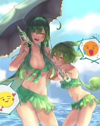  2girls absurdres ahoge arm_hug bangohan_tsubuyakitarou bikini blue_sky blush bottle breasts cleavage closed_mouth cloud cloudy_sky commentary_request cowboy_shot day frilled_bikini frills front-tie_bikini_top front-tie_top glass_bottle gloom_(expression) green_bikini green_eyes green_hair green_hairband hairband half-closed_eyes hand_on_another&#039;s_shoulder hand_up highres holding holding_bottle holding_umbrella horizon hot large_breasts leaning_forward long_hair looking_at_viewer low_ponytail multiple_girls ocean open_mouth outdoors parasol sky smile soda_bottle spoken_emoji standing sweat swimsuit tongue tongue_out touhoku_zunko umbrella umbrella_over_shoulder voiceroid voicevox wet zundamon 