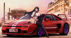  absurdres azur_lane black_hair boots breasts car character_name cleavage copyright_name dupleix_(azur_lane) female france gloves high_heel_boots high_heels highres kcar66t leotard license_plate long_hair looking_at_viewer montpellier motor_vehicle opera_comedie place_de_la_comedie product_placement race_queen real_world_location sitting_on_car sports_car thigh_boots vehicle_focus venturi venturi_400_gt vichya_dominion_(emblem) 