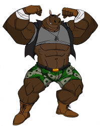  2022 abs adam_bulk amber_eyes anthro arm_wraps belt big_muscles boots bottomwear brown_body camo camo_clothing camo_print clothed clothing common_hippopotamus crop_top darknaigart dog_tags eye_scar facial_scar fingerless_gloves flexing flexing_bicep flexing_both_biceps gloves handwear hi_res hippopotamid male mammal muscular muscular_anthro muscular_male navel open_clothing open_topwear open_vest pattern_clothing scar shirt shorts solo topwear vein veiny_muscles vest wraps 