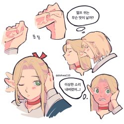  2girls ? blonde_hair blue_robe blush bow choker dohwa110 dungeon_meshi elf falin_touden falin_touden_(tallman) full-face_blush green_eyes hairbow highres korean_text licking licking_ear long_hair marcille_donato multiple_girls pink_shirt pointy_ears red_bow red_choker robe shirt short_hair sparkle speech_bubble spoon translation_request twitter_username yuri 