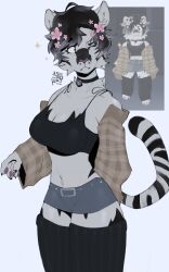  5_fingers accessory anthro biped breasts claws clothed clothing fangs felid female fingers flower flower_in_hair fur hair hair_accessory hi_res mammal pantherine pawpads plant solo tail teeth tiger ze0metric 