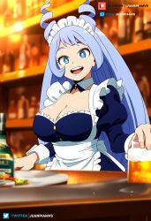  ai_generated bar big_breasts blue_eyes blue_hair boku_no_hero_academia curvy curvy_figure female juanpi_amvs long_hair looking_at_viewer maid maid_headdress maid_outfit maid_uniform nejire_hado patreon patreon_username smile tavern watermark 