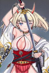  arm_up armpits blonde_hair blue_eyes breasts broken_handcuffs brown_dust_2 cleavage closed_mouth demon_horns earrings expressionless feet_out_of_frame female fingernails heterochromia highres holding holding_sword holding_weapon horns japanese_clothes jewelry justia_(brown_dust) katana kimono looking_at_viewer medium_breasts medium_hair nontraditional_miko obi red_eyes red_horns sash sharp_fingernails sheath simple_background solo sword unsheathing user_yrgz5787 weapon white_kimono 