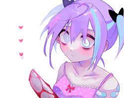  absurdres ahoge bandaid bandaid_on_arm bandaid_on_shoulder bare_shoulders black_bow blood blood_on_knife blue_hair bow bright_pupils collarbone commentary_request female frills grey_eyes hair_between_eyes hairbow heart heterochromia highres knife multicolored_hair original polka_dot portrait purple_hair shizumu_(shi_zumu) short_hair short_twintails simple_background solo streaked_hair twintails white_background white_eyes white_pupils wide_sleeves 