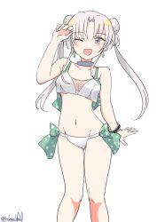  absurdres akitsushima_(kancolle) akitsushima_(swimsuit_mode)_(kancolle) alternate_hairstyle bikini breasts buttons double-breasted double_bun drop_earrings earrings feet_out_of_frame female grey_eyes grey_hair hair_bun highres jewelry kantai_collection one-hour_drawing_challenge one_eye_closed robinson_(day_l_full) side-tie_bikini_bottom small_breasts smile solo swimsuit twintails white_bikini 