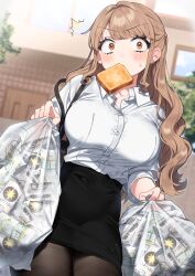  ^^^ absurdres apartment bag beer_can black_bag black_skirt blurry blurry_background brand_name_imitation bread bread_slice breasts brown_hair brown_pantyhose building buttons can chibi_kyonyuu collared_shirt constricted_pupils cowboy_shot depth_of_field dress_shirt drink_can dutch_angle embarrassed female food food_in_mouth highres holding holding_bag kodama&#039;s_elder_sister_(sakura_yuki) large_breasts light_particles long_hair long_sleeves looking_at_viewer miniskirt morning mouth_hold office_lady orange_eyes outdoors pantyhose parted_bangs pencil_skirt sakura_yuki_(clochette) sapporo_beer scowl shirt shirt_tucked_in shoulder_bag skirt solo standing star_(symbol) strap_slip surprised sweatdrop thighs tile_wall tiles toast toast_in_mouth transparent_bag trash_bag v-shaped_eyebrows very_long_hair white_shirt window 