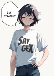  black_hair blush clothes_writing english_text female hand_on_own_hip highres indy_k original shirt short_hair smile solo speech_bubble standing t-shirt white_background 