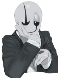  bald clothed clothing facial_markings gaster head_markings hi_res hole_in_hand holes_in_body humanoid hybrid kogito male markings shirt smile solo topwear undershirt undertale undertale_(series) white_body 