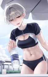  abs beach_umbrella bikini black_bikini black_shirt black_shrug bottle brand_name_imitation breasts cleavage cowboy_shot cropped_shirt female from_below giving grey_eyes grey_hair hair_intakes highres holding holding_bottle incoming_drink large_breasts leaning_forward lip_piercing lip_ring looking_at_viewer midriff navel open_mouth original outdoors piercing pocari_sweat sabotensuteeki shirt short_hair smile solo sports_bikini stomach sweat swimsuit tomboy two-tone_bikini umbrella water_bottle wet white_bikini zipper zipper_pull_tab zipper_top 