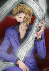  blonde_hair genjou_sanzou gensomadensaiyuki gun male_focus purple_suit saiyuki smoke suit talisman weapon 