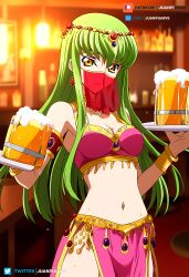  ai_generated arabian_clothes bar bear c.c. code_geass curvy curvy_figure dancer_outfit female green_hair jewelry juanpi_amvs long_hair medium_breasts patreon patreon_username standing tavern veil watermark yellow_eyes 