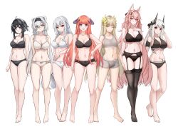  6+girls absurdres animal_ears arknights aurora_(arknights) bagpipe_(arknights) bear_ears bear_girl black_bra black_garter_belt black_hair black_horns black_thighhighs blue_eyes bra english_commentary feather_hair forward_facing_horns full_body garter_belt gongbangmanchi_(daisy_cutter) green_hair grey_hair grey_shorts grey_sports_bra highres horns infection_monitor_(arknights) la_pluma_(arknights) long_hair looking_at_viewer material_growth mole mole_under_eye mudrock_(arknights) muelsyse_(arknights) multiple_girls open_mouth orange_hair oripathy_lesion_(arknights) pink_eyes pink_hair pozyomka_(arknights) purple_eyes purple_horns red_eyes shorts simple_background skadi_(arknights) smile sports_bra standing thighhighs underwear underwear_only white_background white_bra white_hair wolf_ears wolf_girl yellow_eyes 