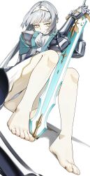  absurdres arm_armor barefoot closed_mouth commission dutch_angle feet female foreshortening grey_hair highres holding holding_sword holding_weapon kashiwagi_saki looking_to_the_side ongeki pero_(peroneko0510) planted planted_sword sitting skeb_commission solo sword toes weapon yellow_eyes 