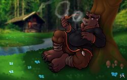  5_fingers 5_toes anthro bear bjorn_twopaw black_clothing black_nose black_shirt black_topwear black_tunic bottomwear brown_body brown_bottomwear brown_clothing brown_fur brown_pants cheek_tuft claws clothed clothing ear_piercing ear_ring facial_tuft feet fingers flower fungus fur grass hand_on_belly head_tuft holding_object holding_pipe leaning leaning_against_tree leaning_backward male mammal mushroom overweight overweight_anthro overweight_male pants piercing plant ring_piercing saylir shirt smoke smoke_ring smoking smoking_pipe toes topwear tuft tunic 