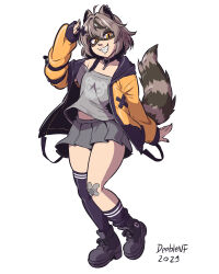  absurd_res animal_humanoid black_hair clothing collar deeb890 ear_piercing female hair hi_res humanoid jacket legwear looking_at_viewer mammal mammal_humanoid piercing procyonid procyonid_humanoid raccoon_humanoid short_hair smile snuffy solo stockings topwear vtuber yellow_eyes 