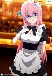  ai_generated bar big_breasts blue_eyes bocchi bocchi_the_rock! gotou_hitori hitori_gotou juanpi_amvs lazo long_hair maid maid_headdress maid_outfit maid_uniform patreon patreon_username pink_hair scared scared_expression standing tavern watermark 