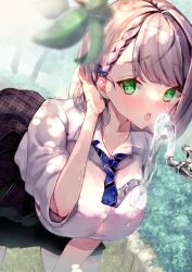  bent_over black_skirt blue_necktie blurry blurry_foreground blush bob_cut braid breasts bush collarbone collared_shirt dappled_sunlight dot_nose drinking_fountain female green_eyes grey_hair hair_behind_ear hair_ornament highres hololive large_breasts looking_at_viewer loose_necktie necktie nekoponchiar open_mouth outdoors parted_bangs purple_hair school_uniform shadow shirogane_noel shirogane_noel_(casual) shirt short_hair skirt sleeves_rolled_up solo spread_legs sunlight teeth upper_teeth_only virtual_youtuber wet wet_clothes white_shirt white_sleeves x_hair_ornament 