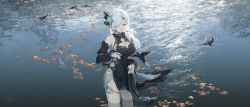  absurdres ancle_(aruncle) bare_shoulders black_dress breasts carp china_dress chinese_clothes cowboy_shot detached_sleeves dress female genshin_impact gradient_eyes grey_hair hair_ornament hair_over_one_eye highres lake large_breasts long_hair looking_at_viewer making-of_available multicolored_eyes official_alternate_costume shenhe_(frostflower_dew)_(genshin_impact) shenhe_(genshin_impact) sleeveless smile solo standing thighs very_long_hair white_hair 