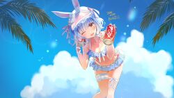  ;d animal_ear_fluff animal_ears aqua_nails bikini bikini_skirt blue_bikini blue_hair blue_sky blush bridal_garter can cloud cloudy_sky collarbone dated day drink_can feet_out_of_frame female frilled_bikini_bottom frilled_bikini_top front-tie_bikini_top front-tie_top hair_ribbon hands_up hashtag-only_commentary hat_ornament highleg highleg_bikini highres hololive kintotomaturi knees_together_feet_apart leaning_forward leg_ribbon lens_flare light_blue_hair light_particles looking_at_viewer navel official_alternate_hair_length official_alternate_hairstyle one_eye_closed open_mouth outdoors palm_tree pink_ribbon rabbit_ears rabbit_girl rabbit_hat_ornament red_eyes ribbon short_eyebrows short_hair side-tie_bikini_bottom signature sky smile soda_can solo standing sweat swimsuit thick_eyebrows thigh_gap thigh_ribbon thigh_strap tree usada_pekora usada_pekora_(summer) virtual_youtuber visor_cap white_ribbon wristband 