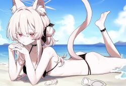  akira_(blue_archive) animal_ear_fluff animal_ears ankle_strap arm_support ass barefoot beach bikini black_bikini black_bow black_choker blue_archive blue_sky blurry blurry_background blush bow breasts cat_ears cat_girl cat_tail choker cleavage cloud collarbone cowboy_shot danbal day feet female foot_up from_side hair_between_eyes hairbow halo heart heart-shaped_pupils highres horizon interlocked_fingers looking_at_viewer lying medium_breasts ocean on_stomach outdoors pink_hair red_eyes shadow short_hair_with_long_locks sky soles solo swimsuit symbol-shaped_pupils tail water 