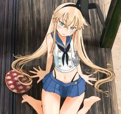  anchor_hair_ornament aqua_eyes barefoot black_neckerchief black_panties blonde_hair blue_sailor_collar blue_skirt blush closed_mouth commentary_request crop_top female hair_between_eyes hair_ornament hand_fan highleg highleg_panties highres kantai_collection kitsuneno_denpachi long_hair looking_at_viewer midriff miniskirt neckerchief no_gloves panties pleated_skirt sailor_collar school_uniform serafuku shimakaze_(kancolle) sitting skirt solo sweat underwear very_long_hair 