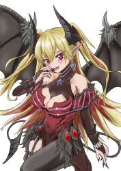  absurdres blonde_hair breasts cleavage cleavage_cutout clothing_cutout colored_inner_hair covered_navel demon_girl demon_horns demon_tail demon_wings dress duel_monster ear_piercing female gt_majoyan heart heart-shaped_pupils highres horns lacrima_the_scarlet_sorrow looking_at_viewer multicolored_hair piercing pointy_ears red_dress red_eyes red_hair smile solo strapless strapless_dress symbol-shaped_pupils tail twintails white_background wings yu-gi-oh! 