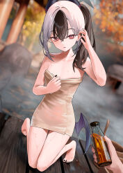  barefoot black_hair black_horns black_nails blue_archive bottle cirilla_lin female flat_chest hair_between_eyes highres holding holding_bottle horns kayoko_(blue_archive) kneeling light_smile looking_at_viewer medium_hair multicolored_hair nail_polish naked_towel ponytail pov red_eyes solo_focus toenail_polish toenails toes towel two-tone_hair wet wet_towel white_hair 