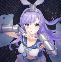  aqua_eyes armor armored_gloves belly breasts cleavage collarbone delphinus_yukino_(saint_seiya:_rising_cosmo) fingerless_gloves gloves headband interlocked_fingers long_hair looking_at_viewer lpf7vs08jtpsecp navel open_mouth purple_hair sailor_collar saint_seiya saint_seiya:_rising_cosmo 