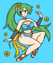  arm_warmers bikini blue_background blue_bikini breasts brown_footwear carrutsoup cleavage female fire_emblem fire_emblem:_the_blazing_blade fire_emblem_heroes flower frilled_bikini frills full_body gladiator_sandals green_hair hair_flower hair_ornament happy high_ponytail highres jewelry leather_choker long_hair looking_to_the_side lyn_(fire_emblem) lyn_(summer)_(fire_emblem) medium_breasts navel necklace official_alternate_costume sandals side-tie_bikini_bottom simple_background solo stomach strapless strapless_bikini swimsuit tassel toes v-shaped_eyebrows very_long_hair 