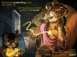  anthro arcticfrigidfrostfox chair clothed clothing computer computer_monitor computer_mouse computer_screen duo electronics english_text eyewear fur fur_growth furniture glasses glowing glowing_outline growth gulonine hi_res human inside keyboard magic male mammal marten mustelid musteline office_chair open_mouth oversized_clothing pine_marten shrinking size_transformation snout snout_growth speech_bubble text transformation twinning vtuber 