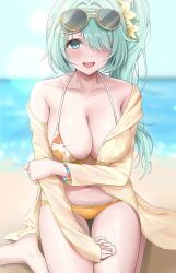  amyu_(amm_asl_pa) aqua_hair arm_under_breasts bare_shoulders beach bikini black_eyes blue_archive blurry blurry_background blush breasts collarbone commentary_request eyewear_on_head female hair_over_one_eye halo highres hiyori_(blue_archive) hiyori_(swimsuit)_(blue_archive) holding jacket large_breasts looking_at_viewer navel ocean official_alternate_costume open_mouth orange_bikini revision single_bare_shoulder single_off_shoulder solo swimsuit yellow_jacket 