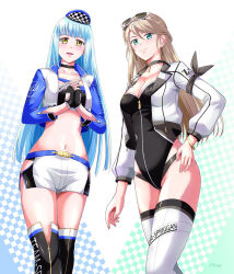  2girls arm_ribbon bandeau black_bandeau black_choker blonde_hair blue_hair bracelet braid checkered_background choker crown_braid double-parted_bangs earrings eiyuu_densetsu elaine_auclair english_text eyewear_on_head fingerless_gloves front_zipper gloves gradient_background green_eyes hair_between_eyes hime_cut jewelry kuro_no_kiseki_(series) kuro_no_kiseki_i kuro_no_kiseki_ii leotard long_hair looking_at_viewer multiple_girls navel pendant_choker race_queen ribbon risette_twinings shorts sunglasses thighhighs xiacheng_tatsuya yellow_eyes zipper zipper_leotard 