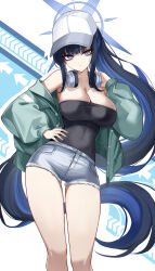  alternate_costume bare_shoulders black_shirt blue_archive blue_eyes blue_hair blue_halo breasts cleavage closed_mouth colored_inner_hair commentary english_commentary eternity_(shadeh) female green_jacket grey_shorts halo hand_on_own_hip hat headphones headphones_around_neck highres jacket large_breasts long_hair long_sleeves multicolored_hair off_shoulder saori_(blue_archive) shirt shirt_tucked_in short_shorts shorts sidelocks solo thighs very_long_hair white_background white_hat 