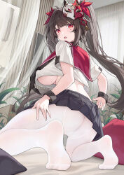  alternate_costume ass black_hair black_skirt blush breasts brown_hair catsmoon female fox_mask from_behind highres honkai:_star_rail honkai_(series) indoors kneeling large_breasts long_hair looking_at_viewer looking_back mask mask_on_head miniskirt open_mouth pantyhose red_eyes shirt short_sleeves skirt soles solo sparkle_(honkai:_star_rail) thighs twintails white_pantyhose white_shirt 