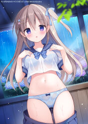  :o ass_visible_through_thighs blue_bow blue_bra blue_flower blue_panties blue_sailor_collar blue_skirt blue_sky bow bow_panties bra bra_visible_through_clothes breasts brown_hair commentary_request female flower hair_flower hair_ornament hairbow hairclip hands_up hydrangea izuminanase long_hair looking_at_viewer medium_breasts navel official_art one_side_up original outdoors panties parted_lips pink_flower pleated_skirt puffy_short_sleeves puffy_sleeves purple_flower rain sailor_collar school_uniform see-through serafuku shirt short_sleeves skirt sky solo underwear very_long_hair wet wet_clothes wet_panties wet_shirt 