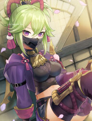  black_thighhighs breasts crop_top female genshin_impact green_hair jacket kuki_shinobu long_sleeves looking_at_viewer mask medium_breasts midriff mouth_mask open_clothes open_jacket petals purple_eyes purple_jacket shimanakao_(shimanaka_sushi) short_hair sitting solo thighhighs 