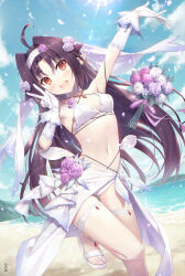  :d ahoge arm_up ass_visible_through_thighs beach blush bouquet bra breasts bride choker cleavage commentary_request fairy female flower gabiran gloves hair_flower hair_ornament hairband highres leg_up long_hair looking_at_viewer navel ocean open_mouth outdoors panties pointy_ears purple_hair red_eyes small_breasts smile solo sword_art_online thigh_gap underwear v very_long_hair white_bra white_choker white_gloves white_hairband white_panties yuuki_(sao) 