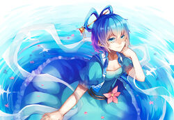  blue_dress blue_eyes blue_hair breasts cleavage closed_mouth collarbone commentary_request dress female flower hagoromo hair_ornament hair_rings hair_stick hand_on_own_chin kaku_seiga looking_at_viewer medium_breasts mei_luo puffy_short_sleeves puffy_sleeves ripples shawl short_hair short_sleeves smile solo touhou water 