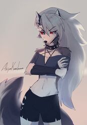  2023 akiya-kamikawa anthro arm_tuft black_bottomwear black_clothing black_ears black_nose bottomwear canid canid_demon canine claws clothed clothing crop_top crossed_arms demon ear_piercing ear_ring elbow_tuft eyebrow_piercing eyebrow_ring facial_piercing female finger_claws fur fur_tuft grey_body grey_fur grey_hair hair hellhound helluva_boss hi_res loona_(helluva_boss) mammal midriff mythological_canine mythological_creature mythology navel notched_ear piercing red_sclera ring_piercing shirt signature solo topwear tuft white_body white_fur 