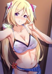  :d against_door aki_rosenthal aki_rosenthal_(hololive_summer_2019) bikini blonde_hair bob_cut breasts cleavage commentary_request detached_hair female hair_ornament haruka_kuromiya headgear highres hololive looking_at_viewer low_twintails navel official_alternate_costume open_mouth parted_bangs purple_bikini purple_eyes sarong selfie smile solo swimsuit twintails v virtual_youtuber 