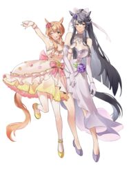  2girls absurdres alternate_costume alternate_hairstyle animal_ears ankle_garter bad_id bad_pixiv_id bandaid bandaid_on_face bandaid_on_nose bare_shoulders black_hair blush breasts cleavage commentary dress elbow_gloves flower full_body gloves hair_flower hair_ornament high_heels highres horse_ears horse_girl horse_tail large_breasts layered_dress locked_arms long_hair mayano_top_gun_(sunlight_bouquet)_(umamusume) mayano_top_gun_(umamusume) multiple_girls narita_brian_(umamusume) one_eye_closed open_mouth orange_hair pink_dress pink_gloves purple_dress purple_gloves simple_background small_breasts smile standing standing_on_one_leg strapless strapless_dress sweatdrop symbol-only_commentary tail teeth thigh_strap umamusume unneul upper_teeth_only white_background yellow_eyes 